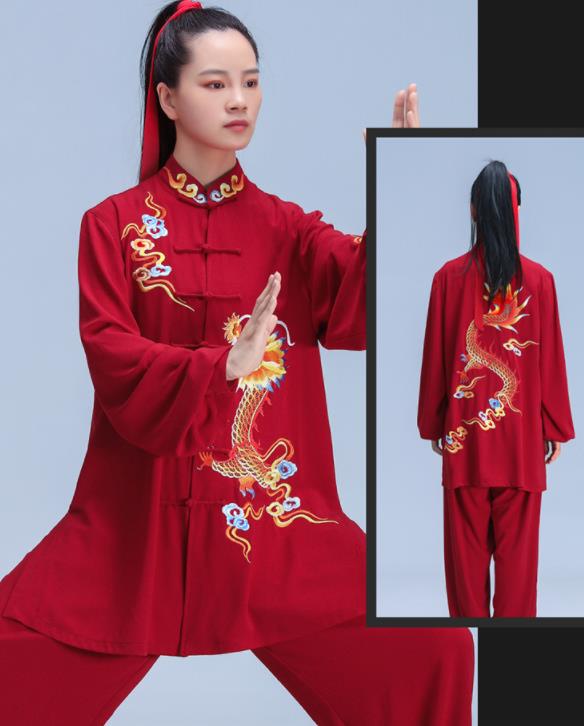 Chinese Tai Ji Competition Costumes Tai Chi Training Uniforms Kung Fu Red Outfits Martial Arts Embroidered Dragon Clothing
