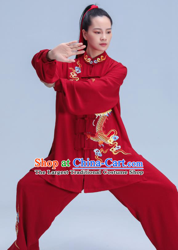 Chinese Tai Ji Competition Costumes Tai Chi Training Uniforms Kung Fu Red Outfits Martial Arts Embroidered Dragon Clothing