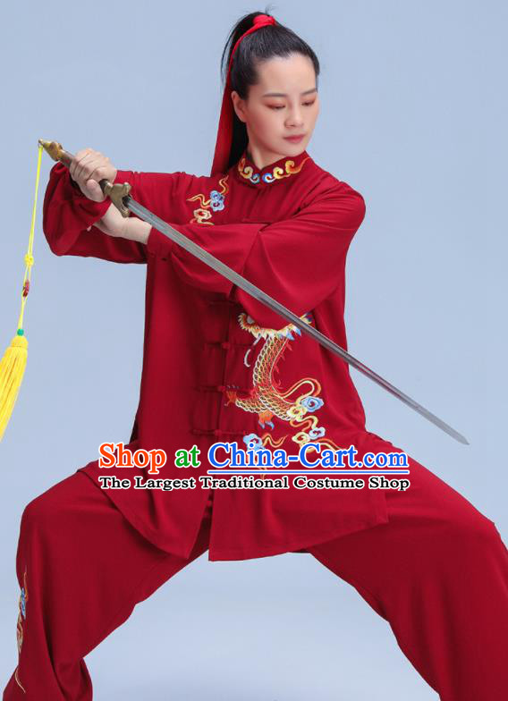 Chinese Tai Ji Competition Costumes Tai Chi Training Uniforms Kung Fu Red Outfits Martial Arts Embroidered Dragon Clothing