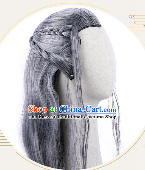 Handmade Chinese Ming Dynasty Taoist Wigs Ancient Swordsman Headwear Drama Vagabondize Fu Hongxue Grey Chignon Headdress