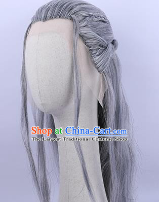 Handmade Chinese Ming Dynasty Taoist Wigs Ancient Swordsman Headwear Drama Vagabondize Fu Hongxue Grey Chignon Headdress