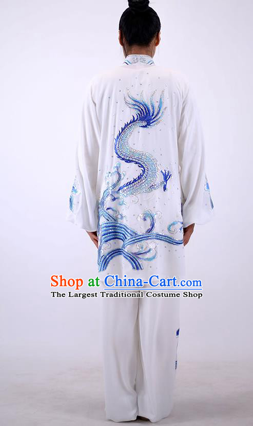 China Tai Chi Performance White Uniforms Wushu Group Competition Clothing Martial Arts Embroidered Sequins Dragon Outfits Kung Fu Tai Ji Costumes