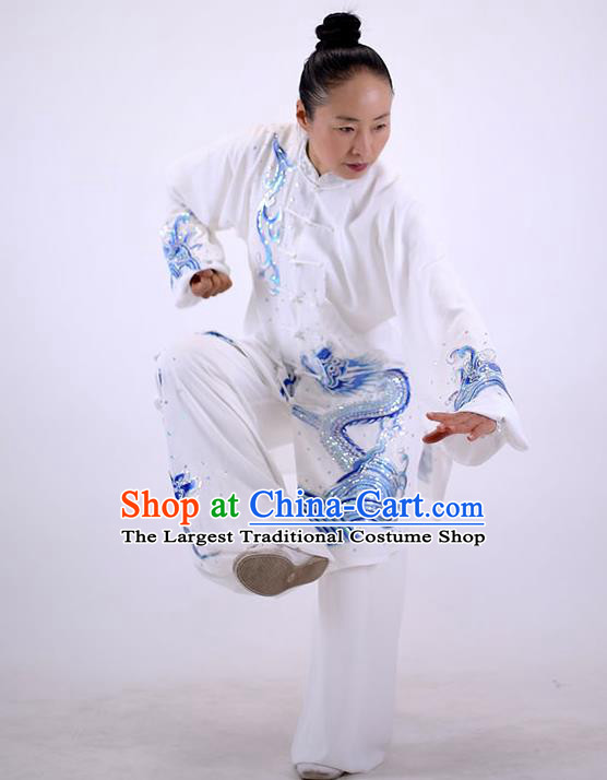 China Tai Chi Performance White Uniforms Wushu Group Competition Clothing Martial Arts Embroidered Sequins Dragon Outfits Kung Fu Tai Ji Costumes