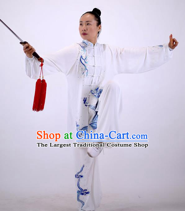 China Tai Chi Performance White Uniforms Wushu Group Competition Clothing Martial Arts Embroidered Sequins Dragon Outfits Kung Fu Tai Ji Costumes