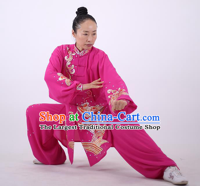 China Kung Fu Tai Ji Costumes Tai Chi Performance Rosy Uniforms Wushu Group Competition Clothing Martial Arts Embroidered Sequins Dragon Outfits