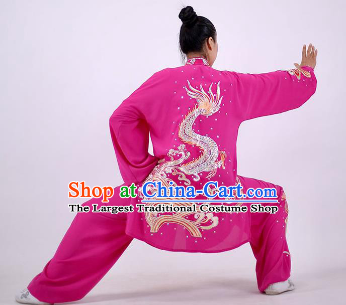 China Kung Fu Tai Ji Costumes Tai Chi Performance Rosy Uniforms Wushu Group Competition Clothing Martial Arts Embroidered Sequins Dragon Outfits