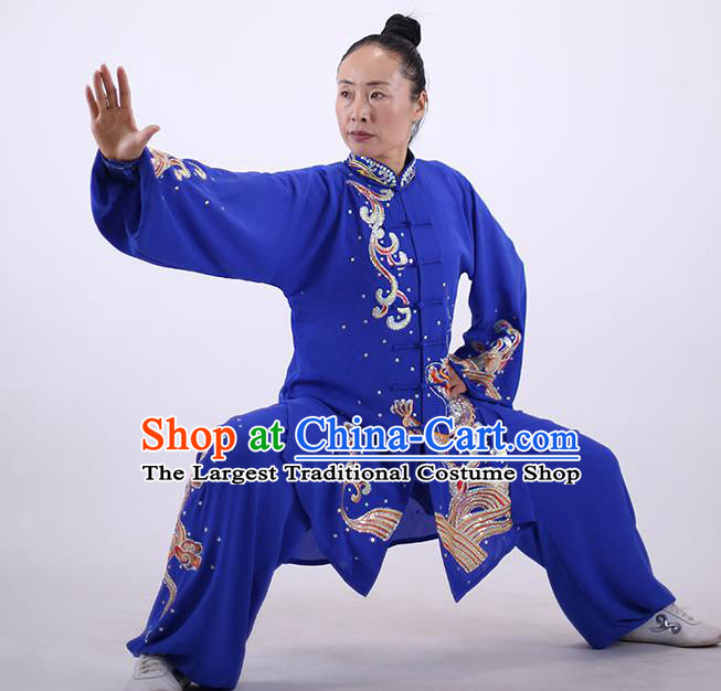 China Martial Arts Embroidered Sequins Dragon Outfits Kung Fu Tai Ji Costumes Tai Chi Performance Royalblue Uniforms Wushu Group Competition Clothing