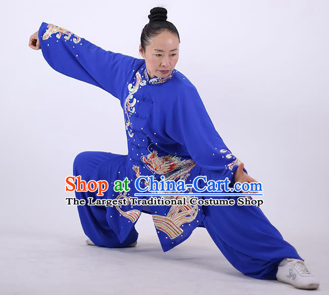 China Martial Arts Embroidered Sequins Dragon Outfits Kung Fu Tai Ji Costumes Tai Chi Performance Royalblue Uniforms Wushu Group Competition Clothing