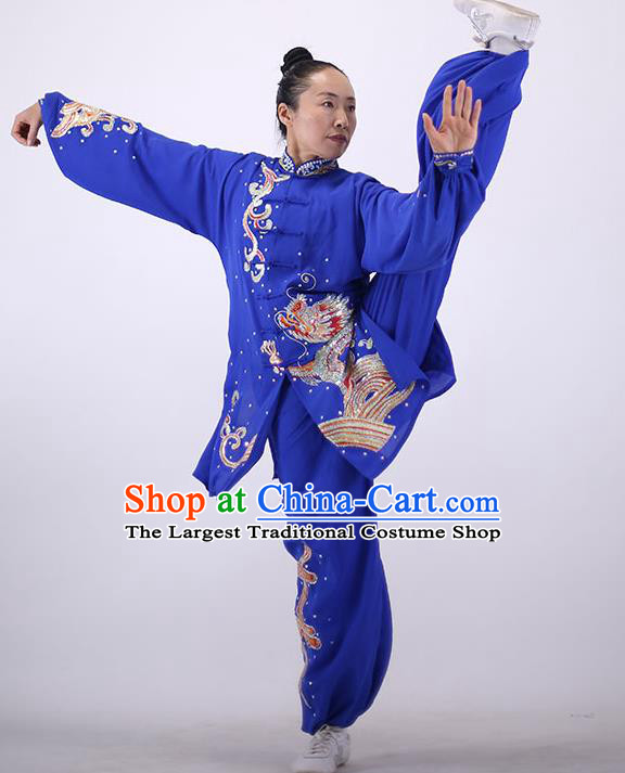 China Martial Arts Embroidered Sequins Dragon Outfits Kung Fu Tai Ji Costumes Tai Chi Performance Royalblue Uniforms Wushu Group Competition Clothing