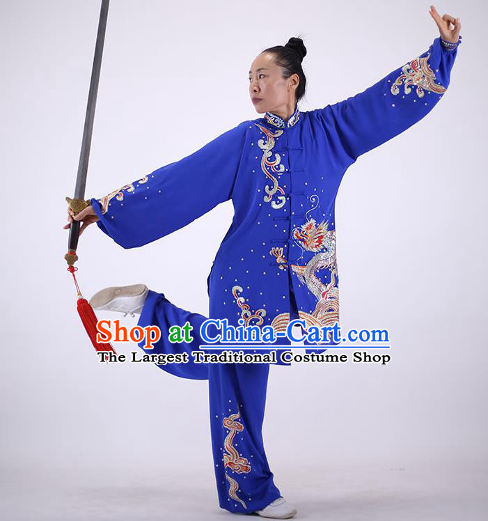 China Martial Arts Embroidered Sequins Dragon Outfits Kung Fu Tai Ji Costumes Tai Chi Performance Royalblue Uniforms Wushu Group Competition Clothing