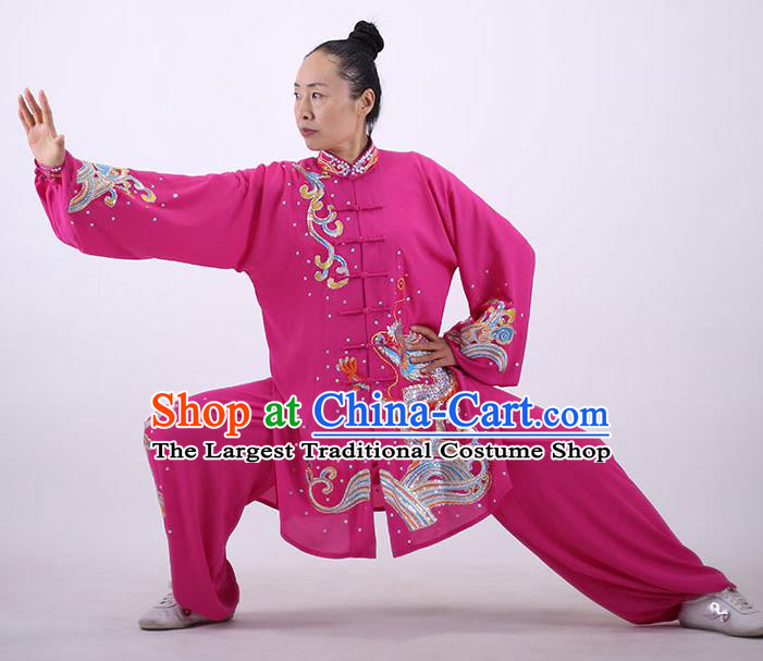 China Wushu Group Competition Clothing Martial Arts Embroidered Dragon Rosy Outfits Kung Fu Costumes Tai Chi Performance Uniforms