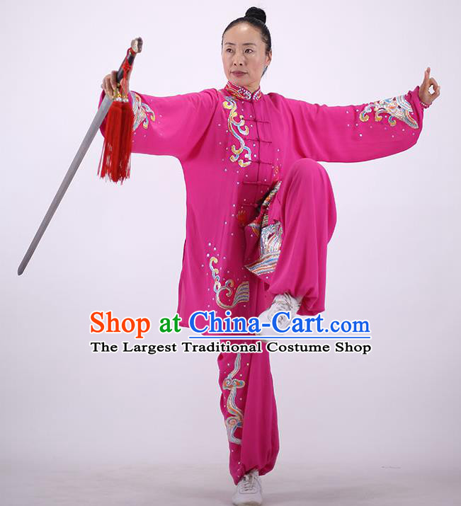 China Wushu Group Competition Clothing Martial Arts Embroidered Dragon Rosy Outfits Kung Fu Costumes Tai Chi Performance Uniforms
