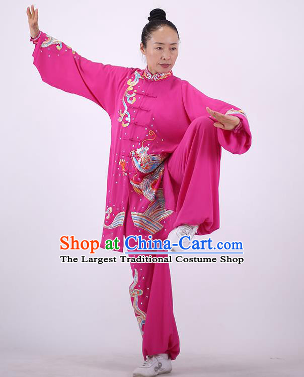 China Wushu Group Competition Clothing Martial Arts Embroidered Dragon Rosy Outfits Kung Fu Costumes Tai Chi Performance Uniforms