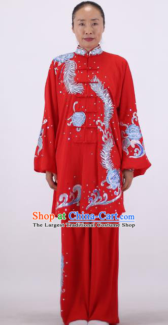 China Kung Fu Performance Costumes Tai Chi Uniforms Wushu Group Competition Clothing Martial Arts Embroidered Red Outfits