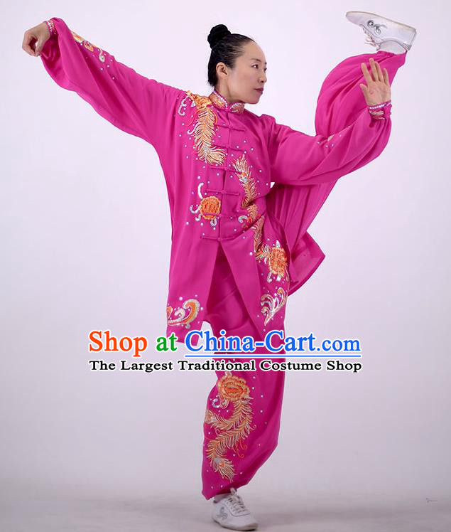 China Martial Arts Embroidered Rosy Outfits Kung Fu Performance Costumes Tai Chi Uniforms Wushu Group Competition Clothing