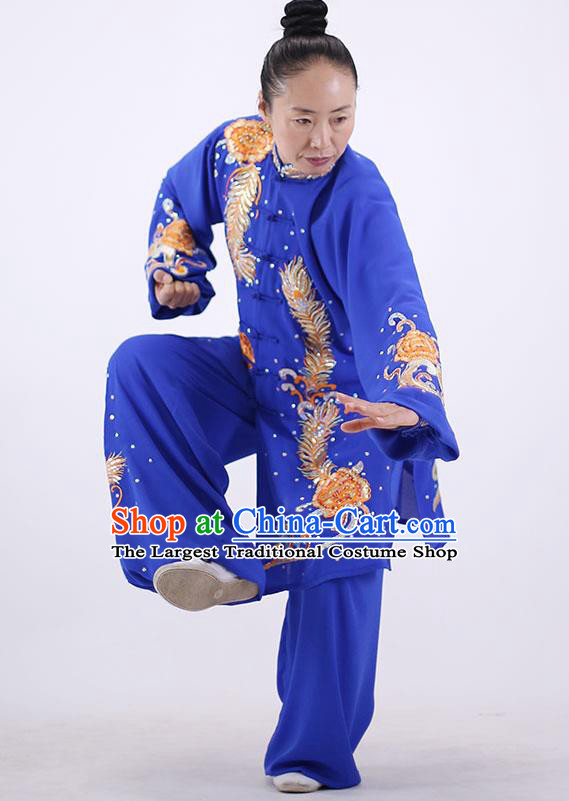 China Tai Chi Uniforms Wushu Group Competition Clothing Martial Arts Embroidered Royalblue Outfits Kung Fu Performance Costumes