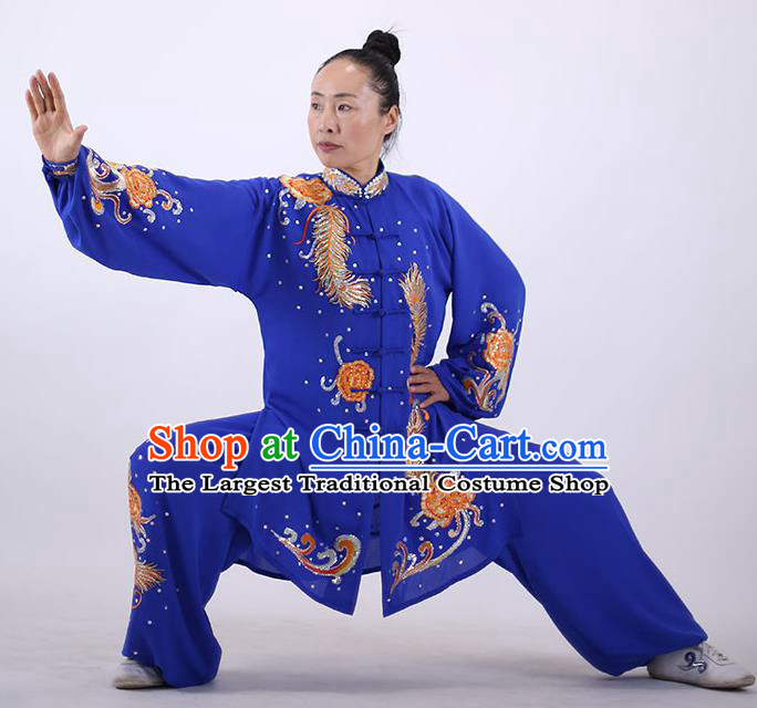 China Tai Chi Uniforms Wushu Group Competition Clothing Martial Arts Embroidered Royalblue Outfits Kung Fu Performance Costumes