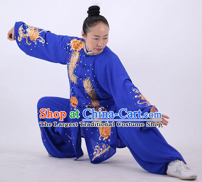 China Tai Chi Uniforms Wushu Group Competition Clothing Martial Arts Embroidered Royalblue Outfits Kung Fu Performance Costumes