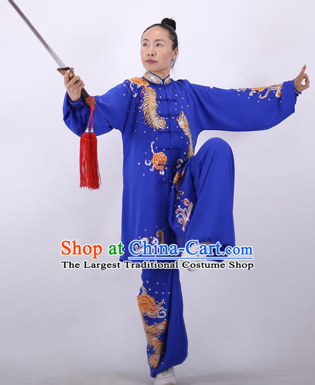 China Tai Chi Uniforms Wushu Group Competition Clothing Martial Arts Embroidered Royalblue Outfits Kung Fu Performance Costumes