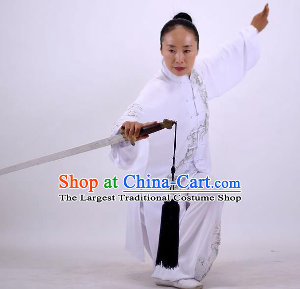 China Martial Arts Group Outfits Kung Fu Embroidered Costumes Tai Chi Performance White Uniforms Wushu Competition Clothing