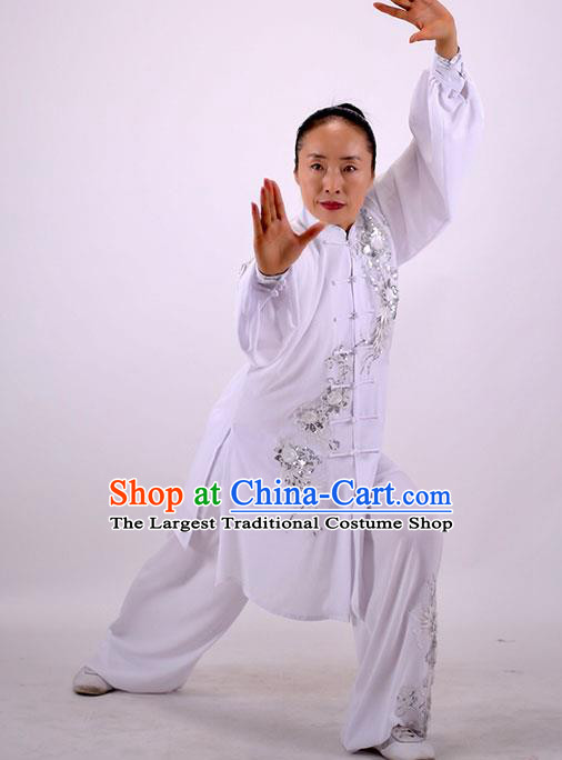 China Martial Arts Group Outfits Kung Fu Embroidered Costumes Tai Chi Performance White Uniforms Wushu Competition Clothing