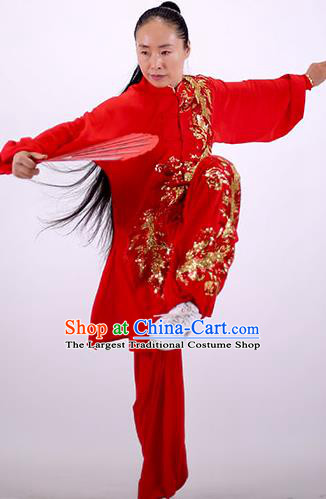 China Kung Fu Embroidered Phoenix Costumes Tai Chi Chuan Red Uniforms Martial Arts Group Competition Clothing Wushu Show Outfits