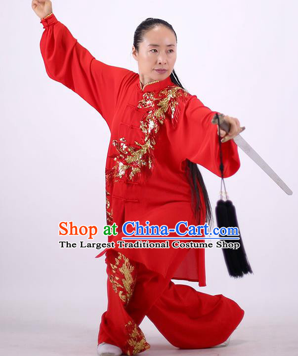 China Kung Fu Embroidered Phoenix Costumes Tai Chi Chuan Red Uniforms Martial Arts Group Competition Clothing Wushu Show Outfits