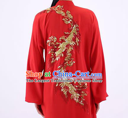 China Kung Fu Embroidered Phoenix Costumes Tai Chi Chuan Red Uniforms Martial Arts Group Competition Clothing Wushu Show Outfits