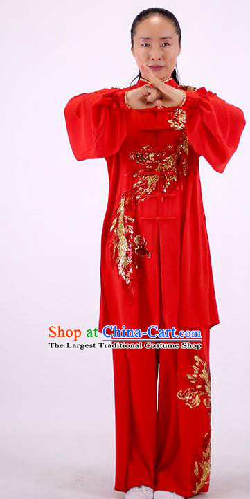 China Kung Fu Embroidered Phoenix Costumes Tai Chi Chuan Red Uniforms Martial Arts Group Competition Clothing Wushu Show Outfits