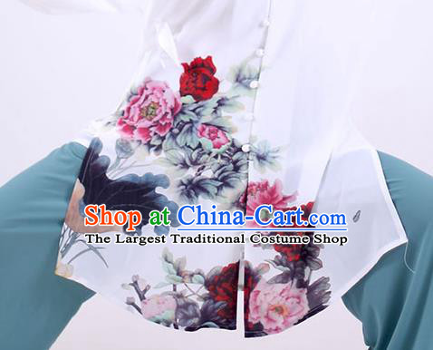 China Kung Fu Painting Peony Costumes Tai Chi Performance White Uniforms Martial Arts Clothing Tai Ji Wushu Competition Outfits