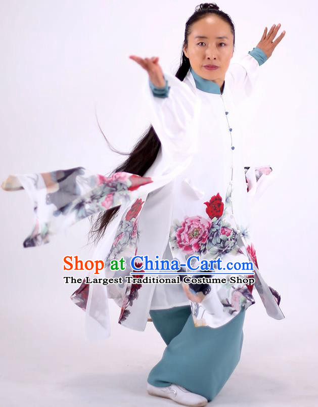 China Kung Fu Painting Peony Costumes Tai Chi Performance White Uniforms Martial Arts Clothing Tai Ji Wushu Competition Outfits