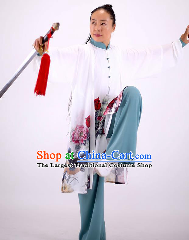 China Kung Fu Painting Peony Costumes Tai Chi Performance White Uniforms Martial Arts Clothing Tai Ji Wushu Competition Outfits