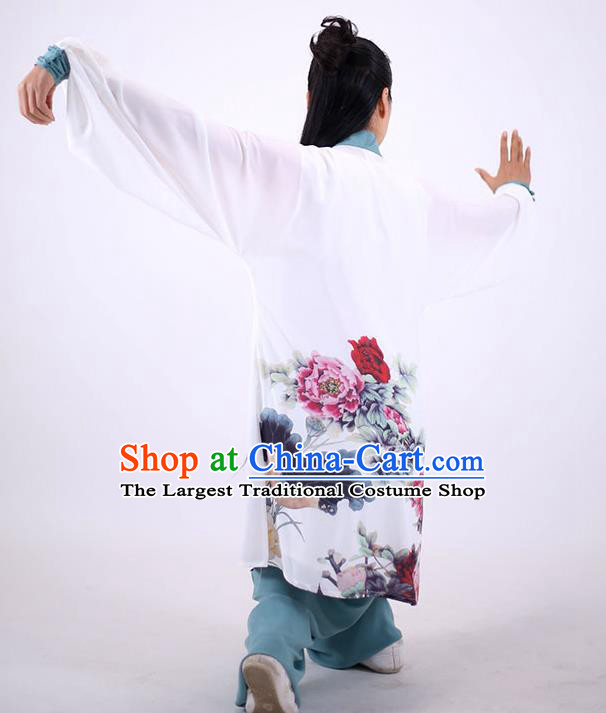 China Kung Fu Painting Peony Costumes Tai Chi Performance White Uniforms Martial Arts Clothing Tai Ji Wushu Competition Outfits