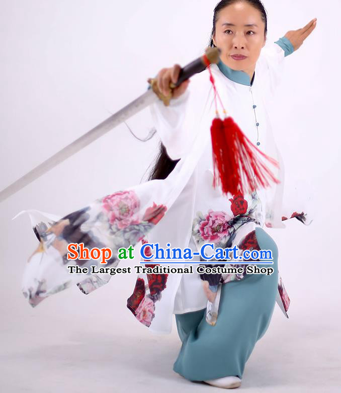China Kung Fu Painting Peony Costumes Tai Chi Performance White Uniforms Martial Arts Clothing Tai Ji Wushu Competition Outfits