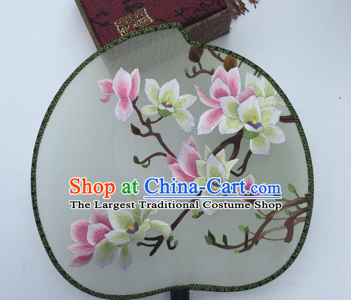 China Traditional Cheongsam Dance Fan Classical Double Side Silk Fans Suzhou Embroidery Mangnolia Fan Handmade Peach Shape Palace Fan