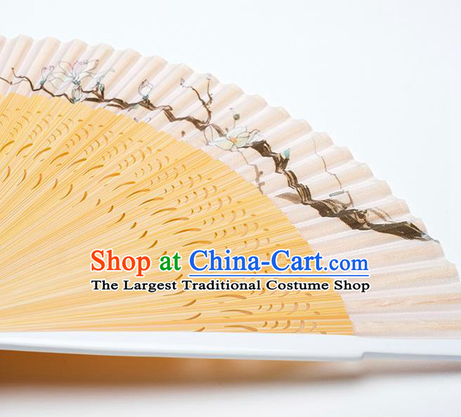 Handmade Chinese Female Silk Accordion Craft Fans Ink Painting Mangnolia Folding Fan Bamboo Fan