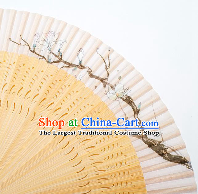 Handmade Chinese Female Silk Accordion Craft Fans Ink Painting Mangnolia Folding Fan Bamboo Fan