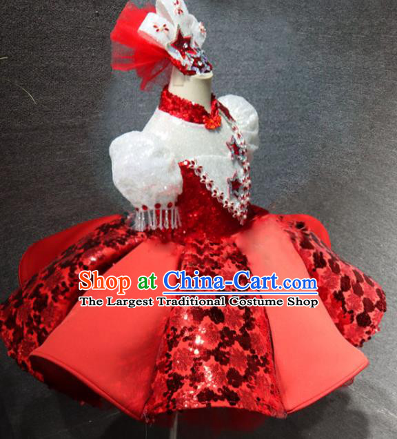 Top Girls Chorus Formal Evening Wear Costume Girl Catwalks Red Bubble Dress Children Stage Show Clothing