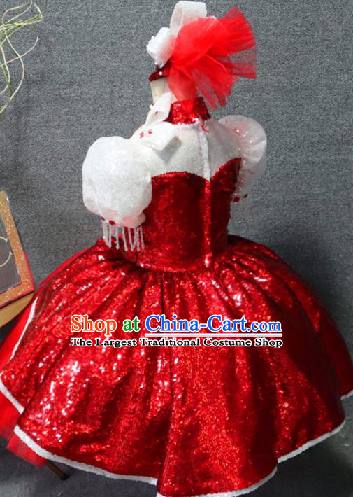 Top Children Stage Show Clothing Girls Chorus Formal Evening Wear Costume Girl Catwalks Red Veil Bubble Dress