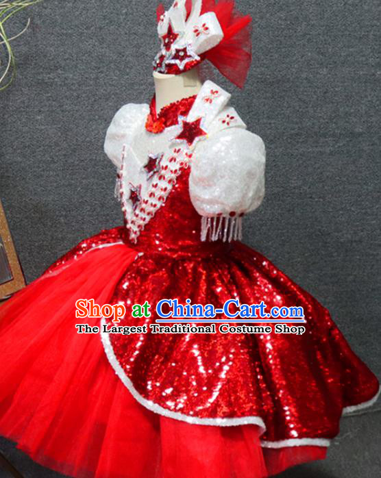 Top Children Stage Show Clothing Girls Chorus Formal Evening Wear Costume Girl Catwalks Red Veil Bubble Dress