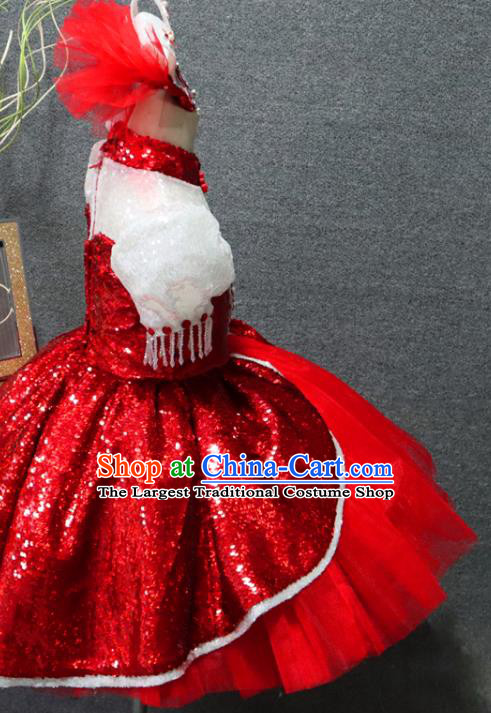 Top Children Stage Show Clothing Girls Chorus Formal Evening Wear Costume Girl Catwalks Red Veil Bubble Dress