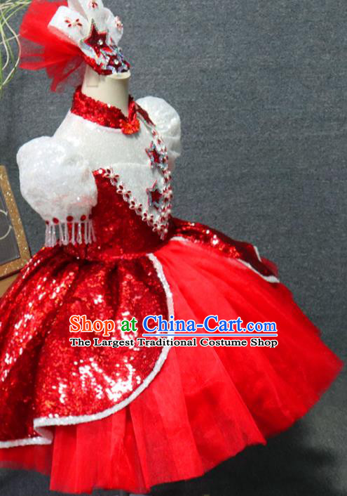 Top Children Stage Show Clothing Girls Chorus Formal Evening Wear Costume Girl Catwalks Red Veil Bubble Dress
