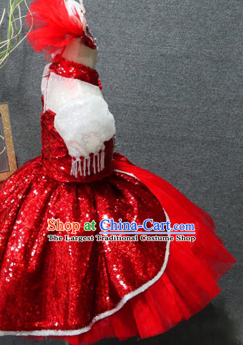 Top Children Stage Show Clothing Girls Chorus Formal Evening Wear Costume Girl Catwalks Red Veil Bubble Dress