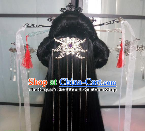 China Ancient Goddess Black Wigs Traditional Drama The Journey of Flower Hanfu Chignon Hairpieces Cosplay Swordswoman Hua Qiangu Wig Sheath