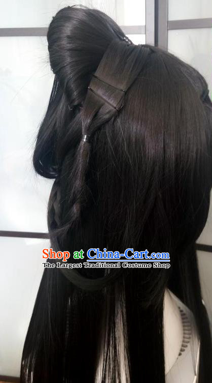 China Ancient Female Assassin Black Wigs Traditional Drama City of Desperate Love Hanfu Chignon Hairpieces Cosplay Swordswoman Jun Fu Wig Sheath