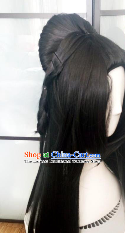 China Ancient Female Assassin Black Wigs Traditional Drama City of Desperate Love Hanfu Chignon Hairpieces Cosplay Swordswoman Jun Fu Wig Sheath