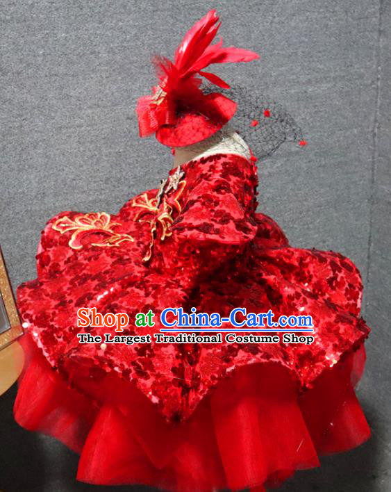 Top Children Day Performance Clothing Girl Chorus Garment Catwalks Red Sequins Dress Christmas Party Formal Evening Wear