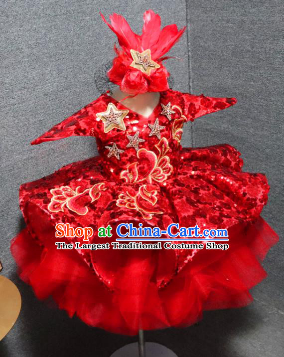 Top Children Day Performance Clothing Girl Chorus Garment Catwalks Red Sequins Dress Christmas Party Formal Evening Wear