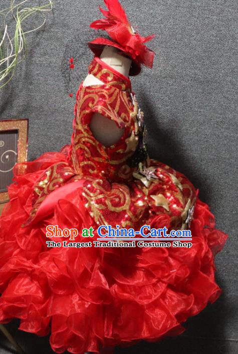Top Christmas Formal Evening Wear Children Day Performance Clothing Girl Chorus Garment Catwalks Red Sequins Flower Dress