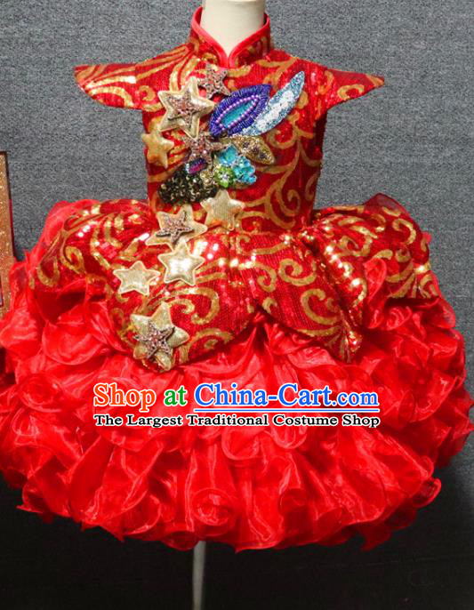 Top Christmas Formal Evening Wear Children Day Performance Clothing Girl Chorus Garment Catwalks Red Sequins Flower Dress